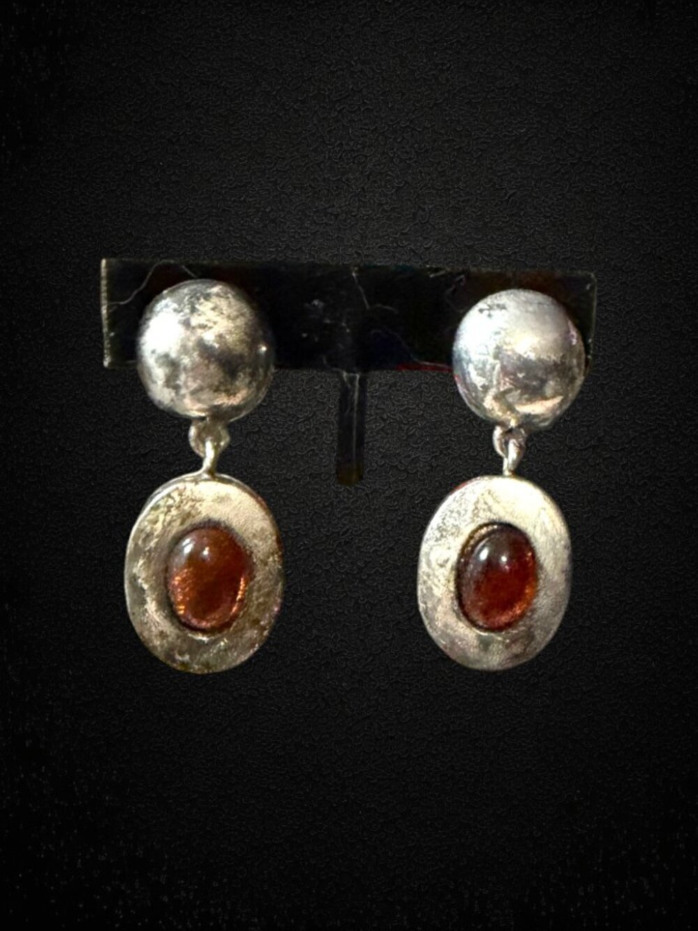 Vintage Goldstone Clip On Earrings Silver Tone Dangle Artisan Retro